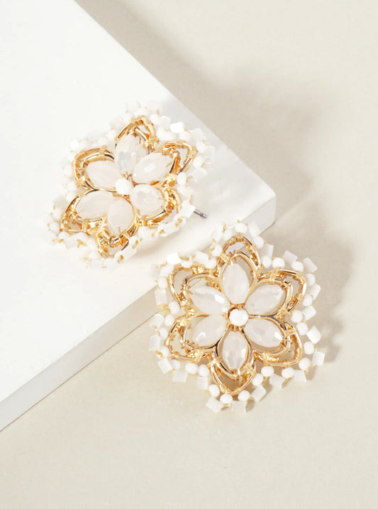 Botanical-Theme Glass-Beaded Flower Statement Stud Earrings