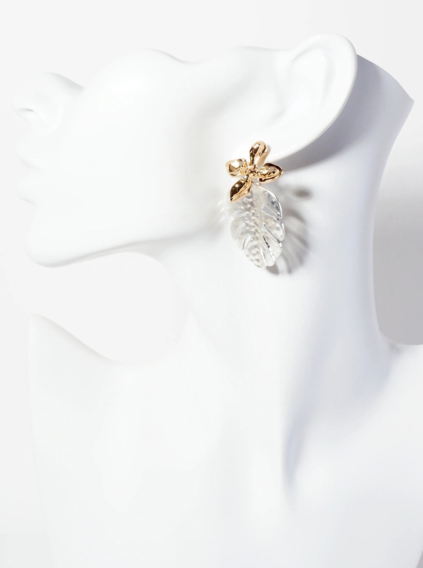Botanical-Theme Hammered-Texture Flower Monstera Leaf Dangle Post Earrings