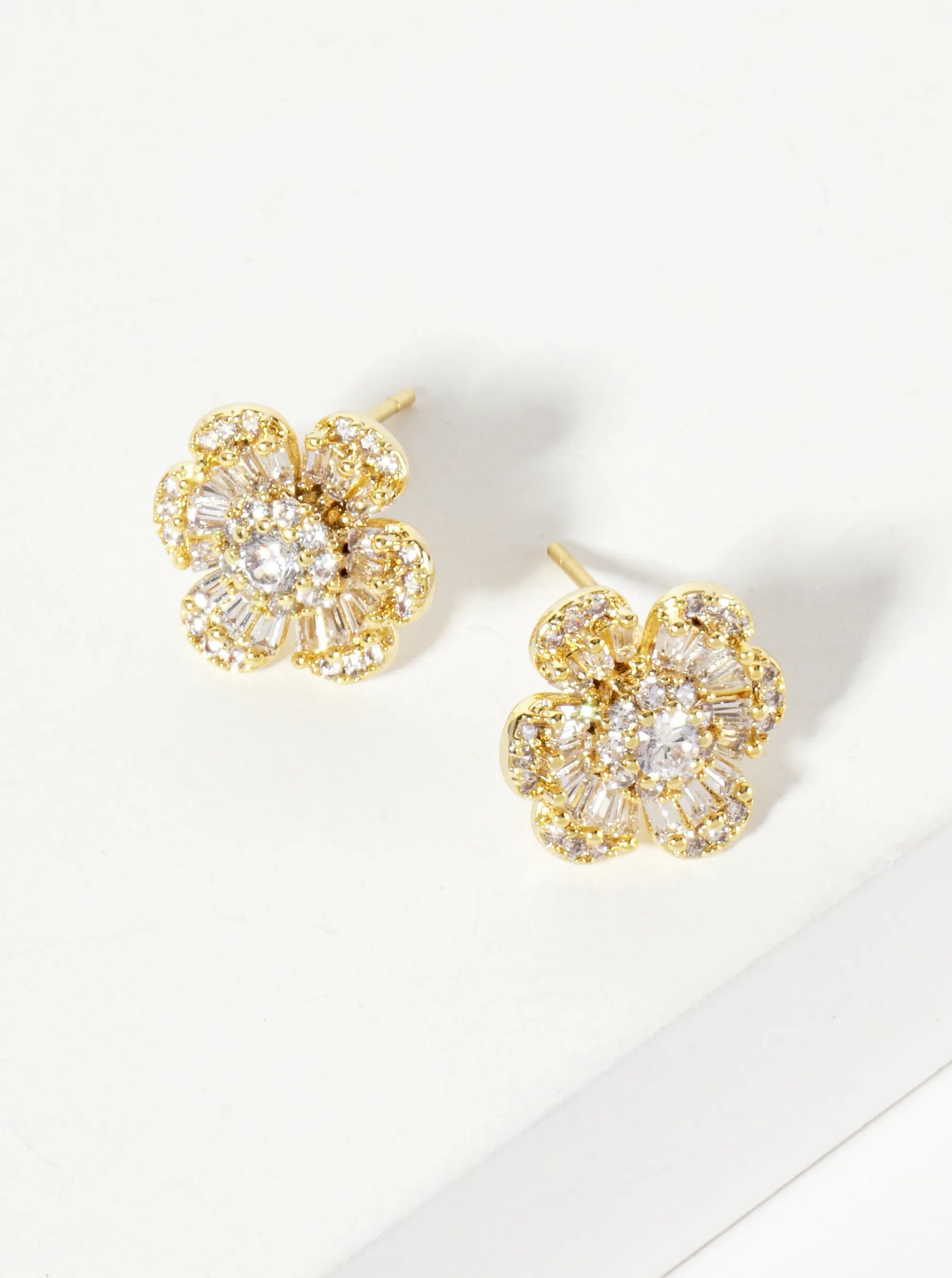 Botanical-Theme Pave-Set Cubic-Zirconia 12mm Flower-Shaped 18K-Gold-Dipped Stud Earrings