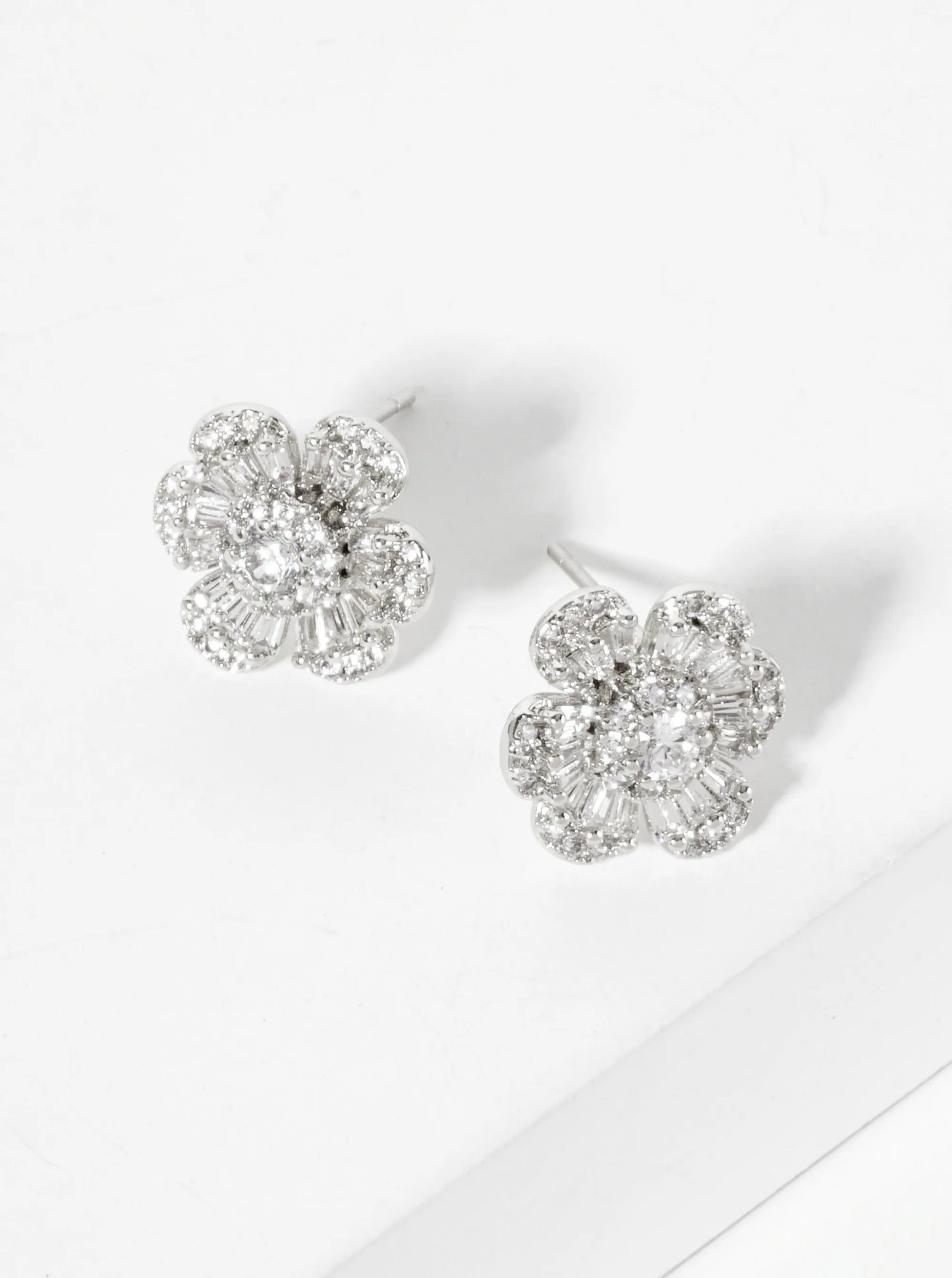 Botanical-Theme Pave-Set Cubic-Zirconia 12mm Flower-Shaped 18K-Gold-Dipped Stud Earrings