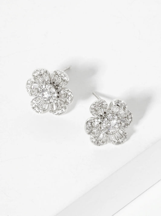 Botanical-Theme Pave-Set Cubic-Zirconia 12mm Flower-Shaped 18K-Gold-Dipped Stud Earrings