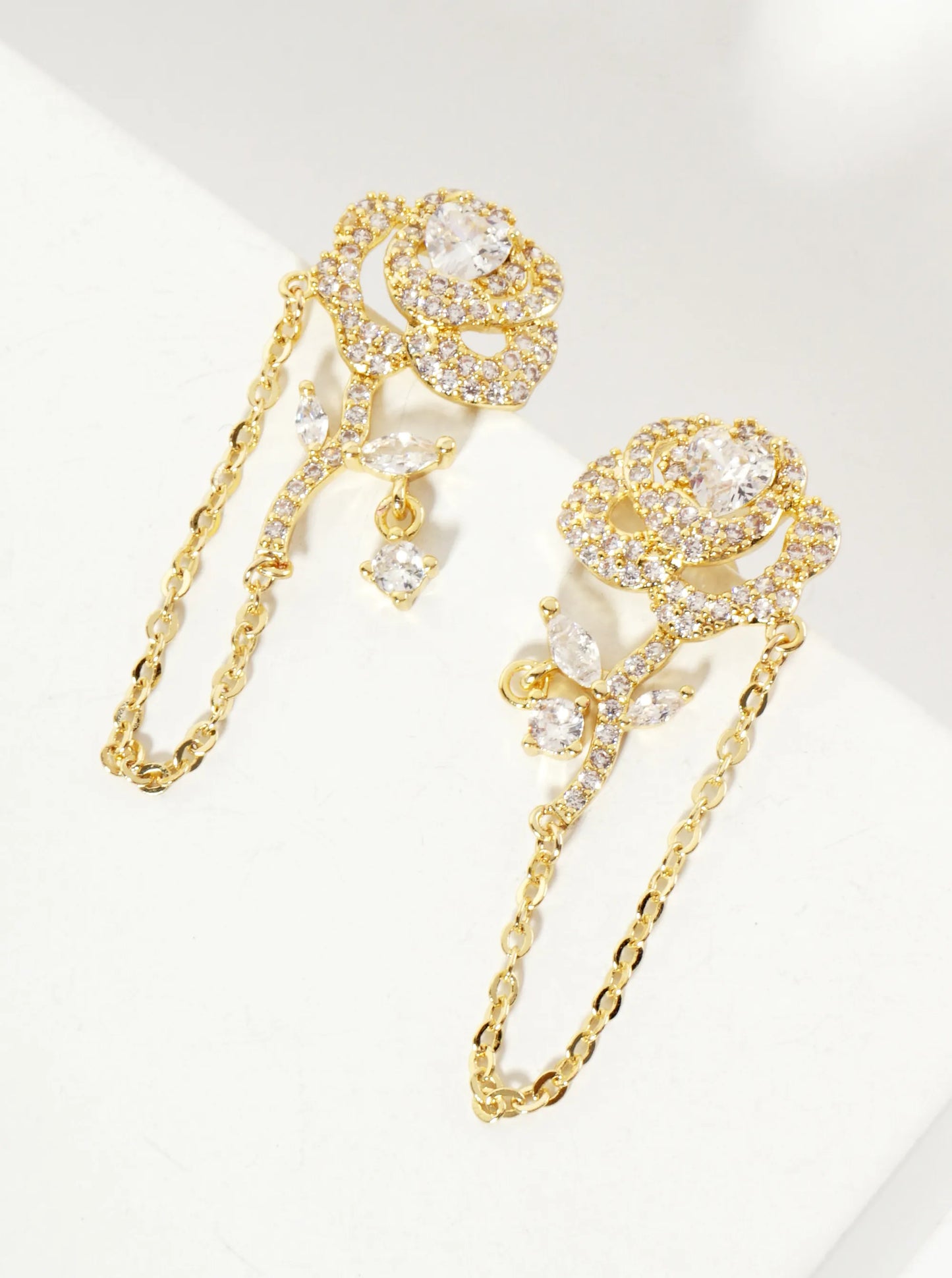 Botanical-Theme Pave-Set Cubic-Zirconia 18K-Gold-Dipped Rose Drop Earrings With Chain Detail