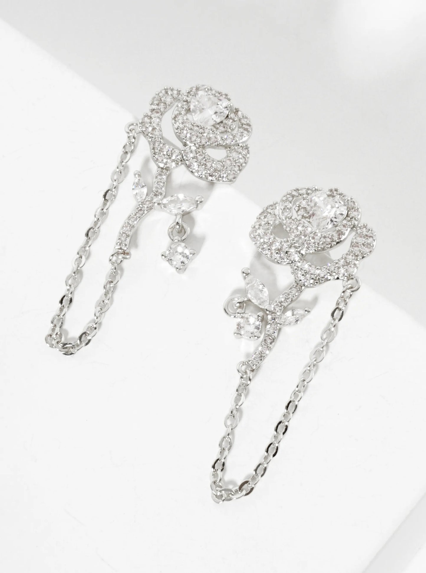 Botanical-Theme Pave-Set Cubic-Zirconia 18K-Gold-Dipped Rose Drop Earrings With Chain Detail