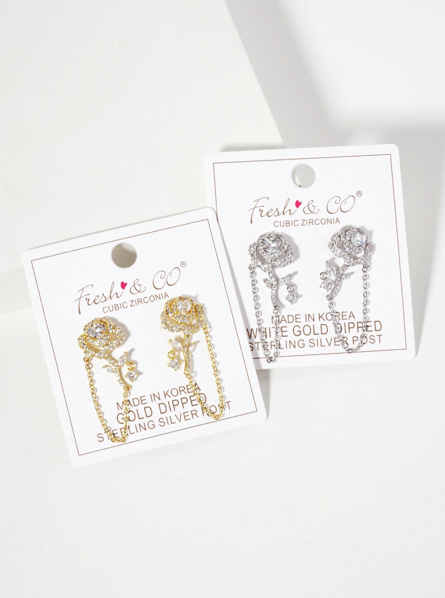 Botanical-Theme Pave-Set Cubic-Zirconia 18K-Gold-Dipped Rose Drop Earrings With Chain Detail