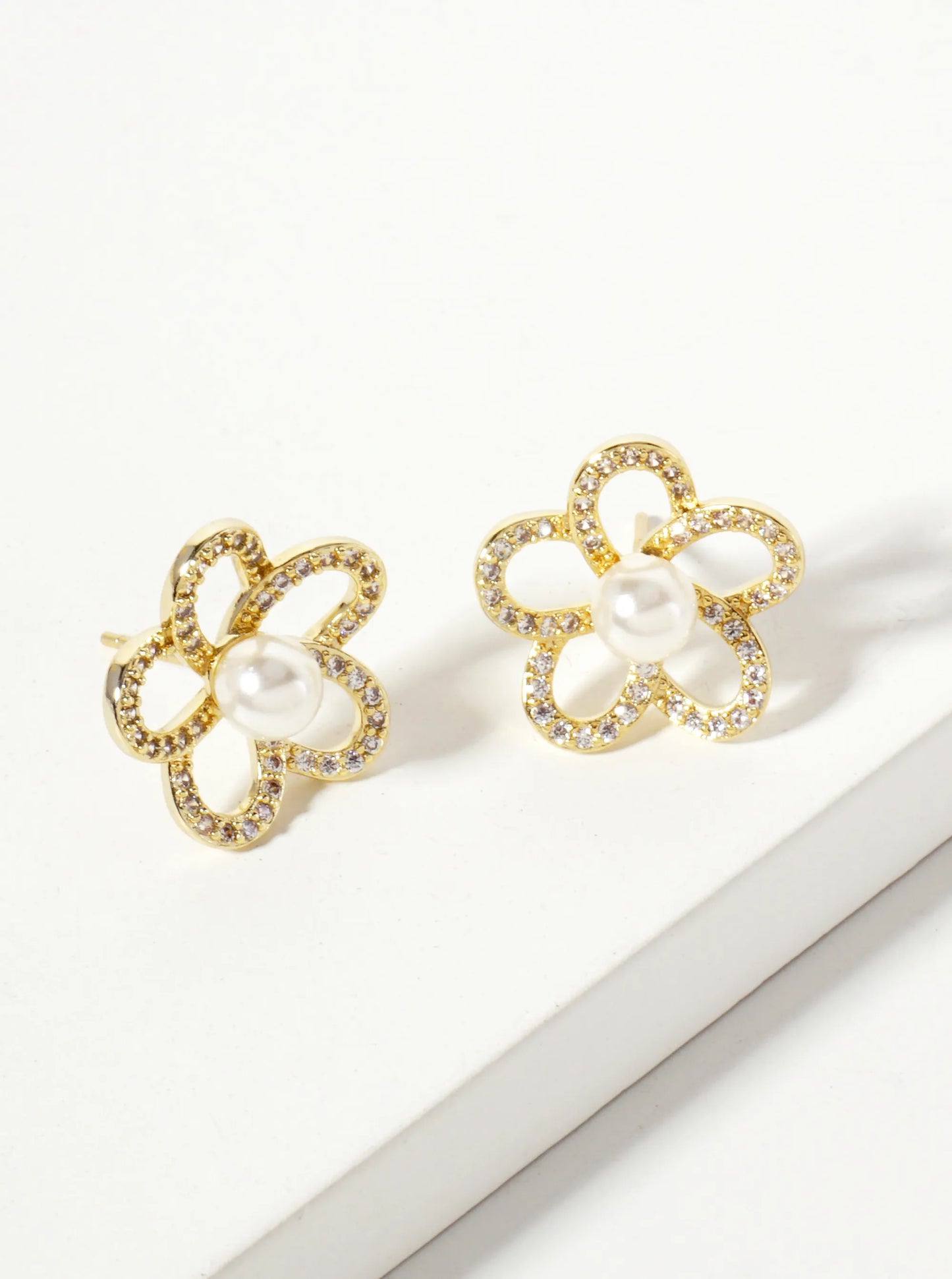 Botanical-Theme Pave-Set Cubic-Zirconia Pearl Flower 18K-Gold-Dipped Stud Earrings