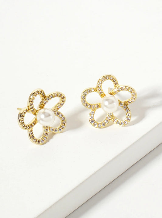 Botanical-Theme Pave-Set Cubic-Zirconia Pearl Flower 18K-Gold-Dipped Stud Earrings
