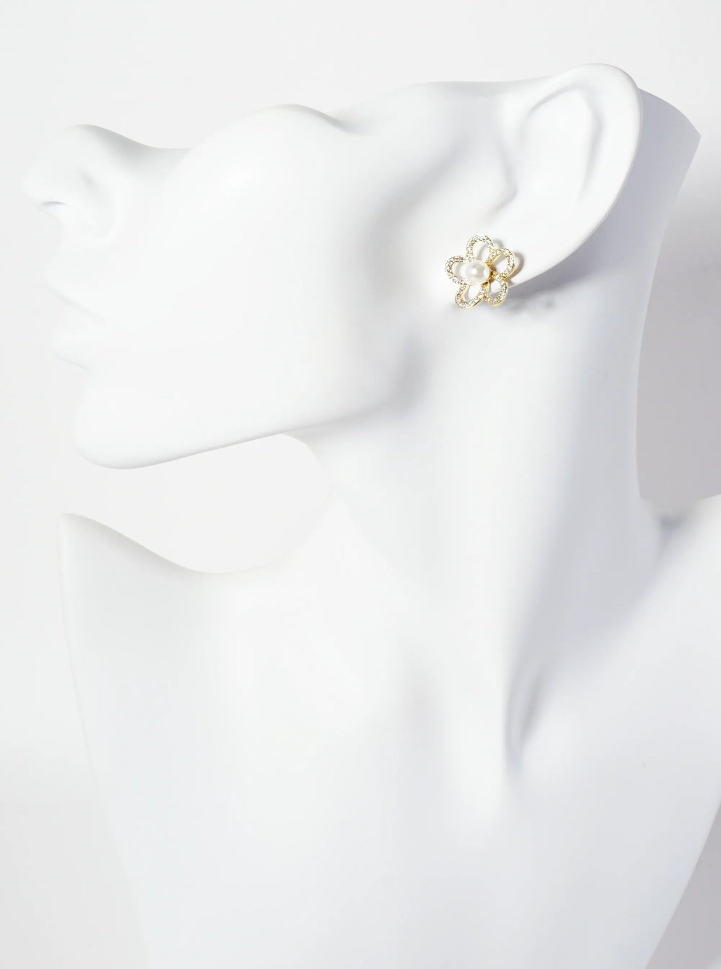 Botanical-Theme Pave-Set Cubic-Zirconia Pearl Flower 18K-Gold-Dipped Stud Earrings