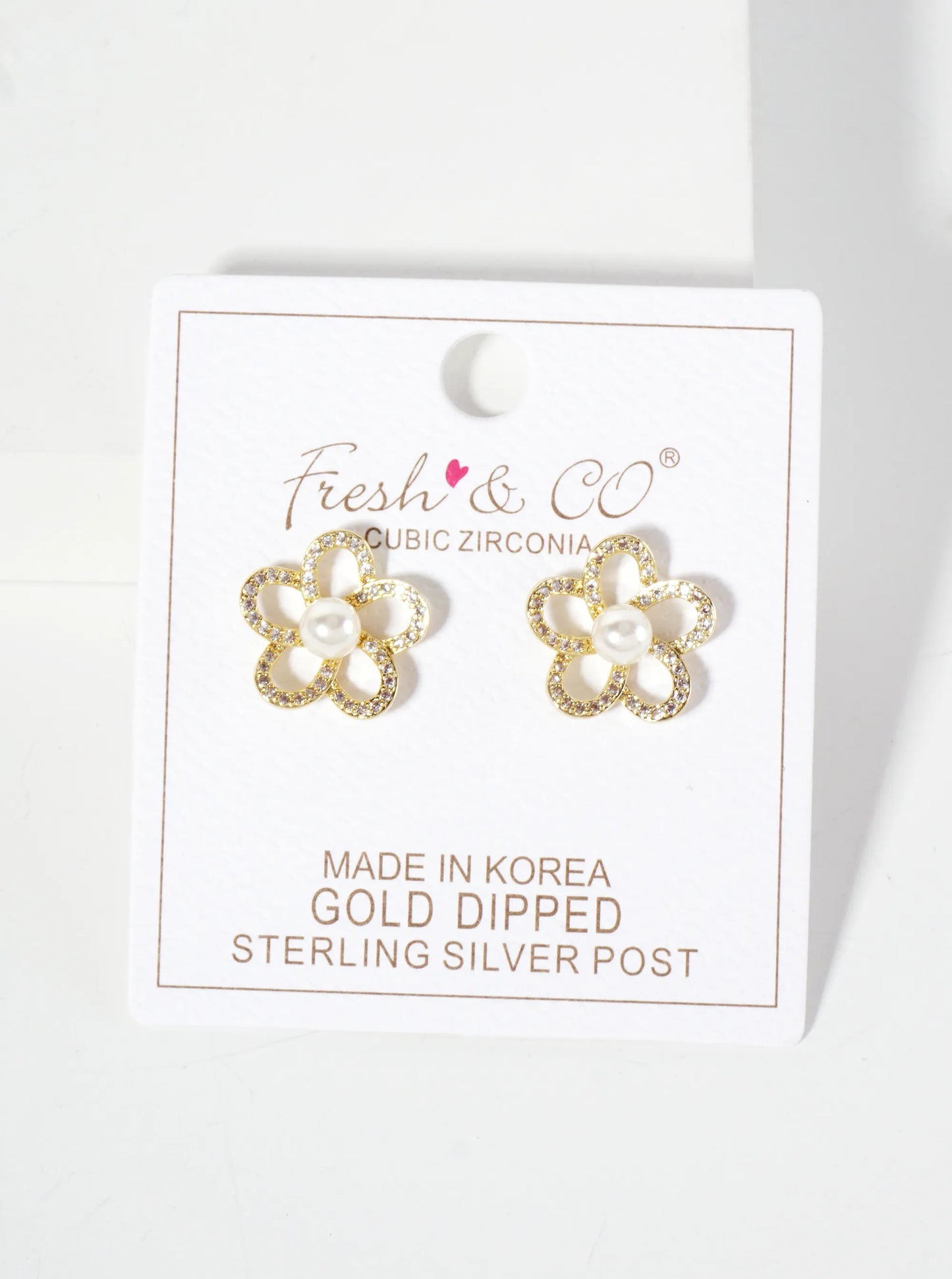 Botanical-Theme Pave-Set Cubic-Zirconia Pearl Flower 18K-Gold-Dipped Stud Earrings