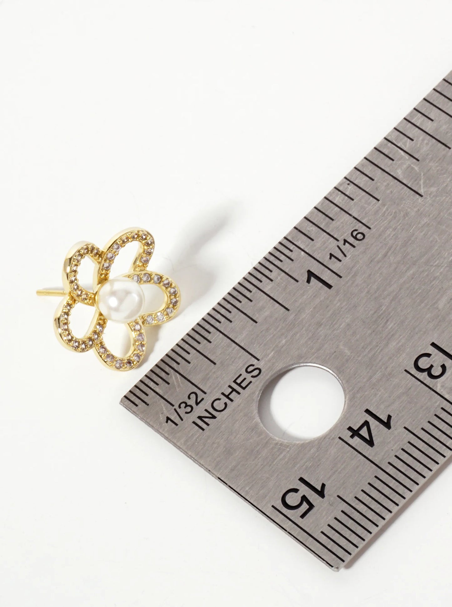 Botanical-Theme Pave-Set Cubic-Zirconia Pearl Flower 18K-Gold-Dipped Stud Earrings