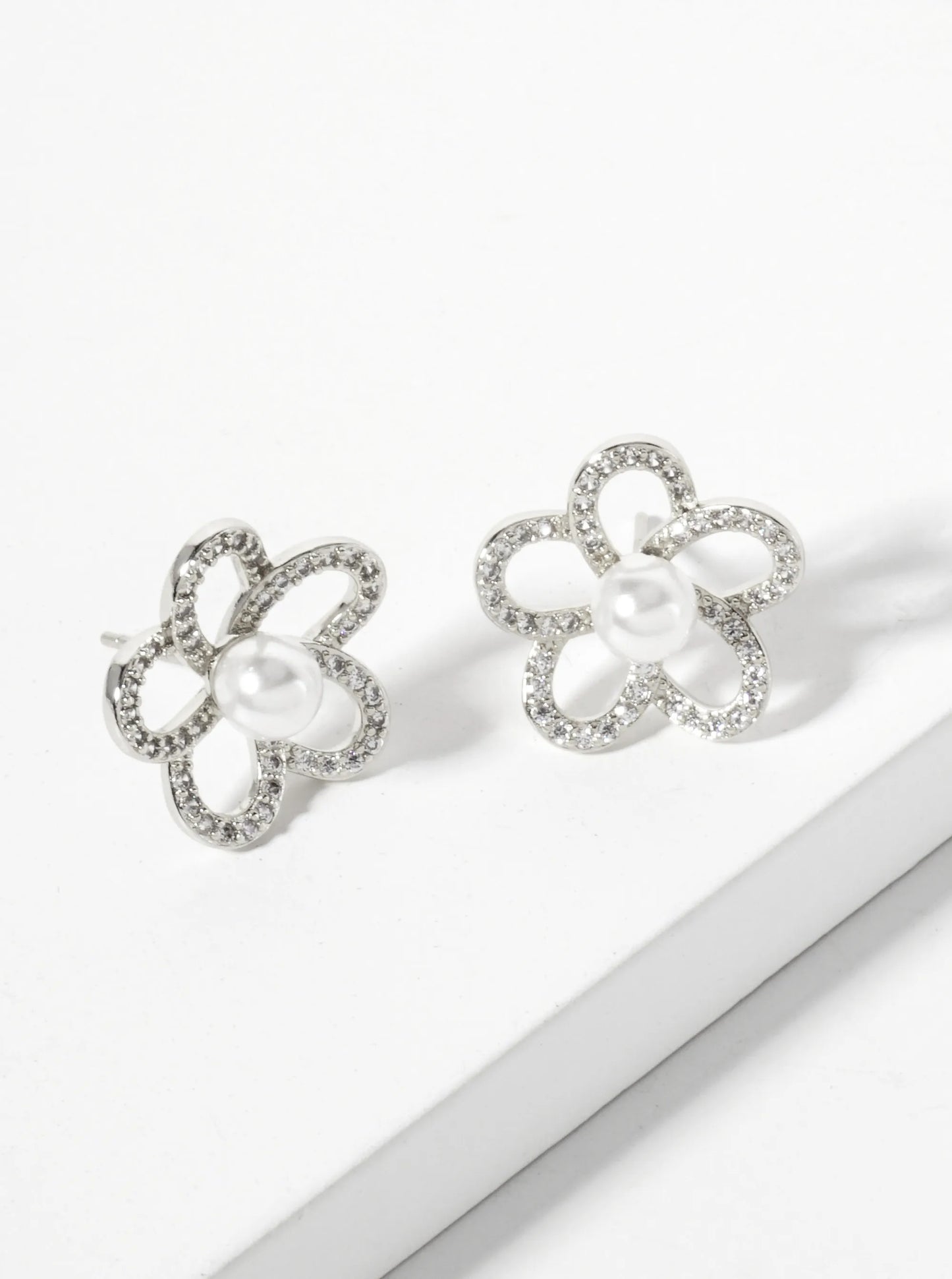 Botanical-Theme Pave-Set Cubic-Zirconia Pearl Flower 18K-Gold-Dipped Stud Earrings