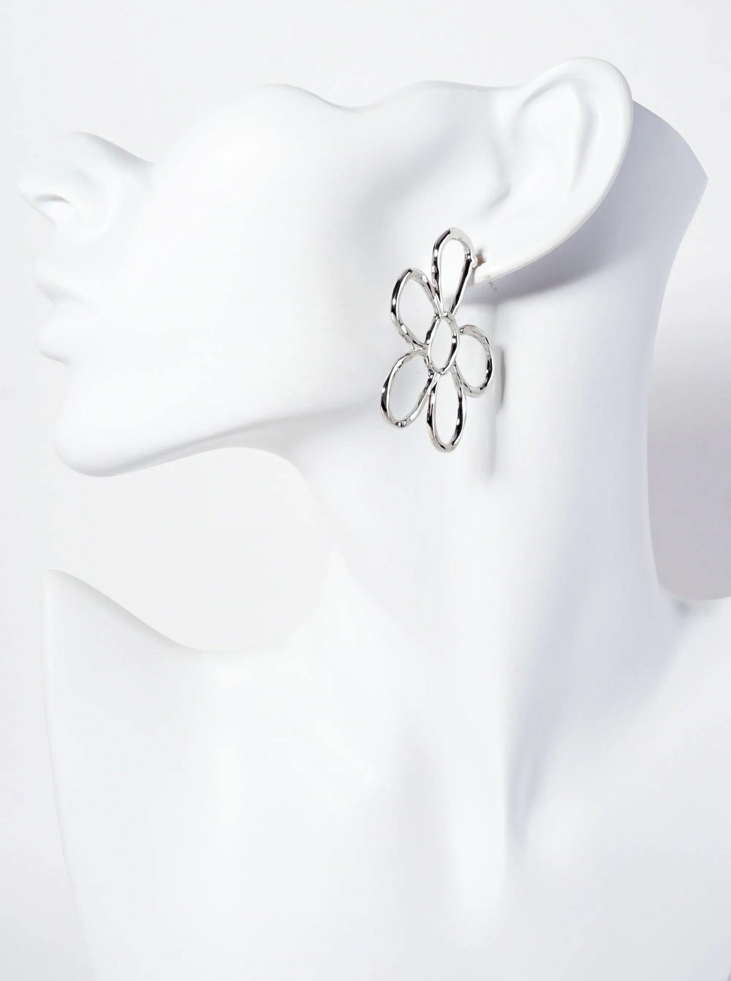 Botanical-Theme Polished Metal Hammered-Texture 45mm Flower Hoop Earrings