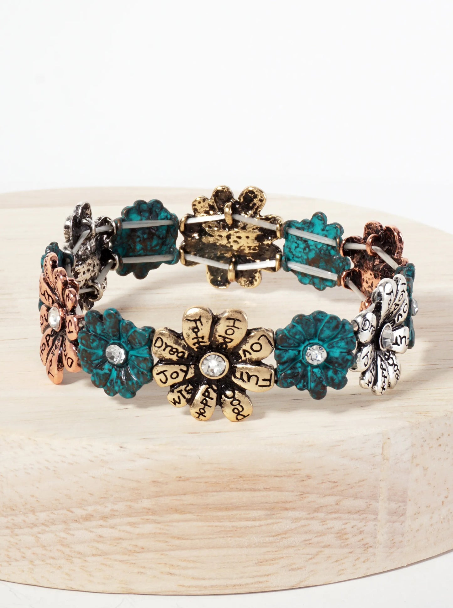 Botanical-Theme Positive-Words Engraved Flower Stretch Bracelet