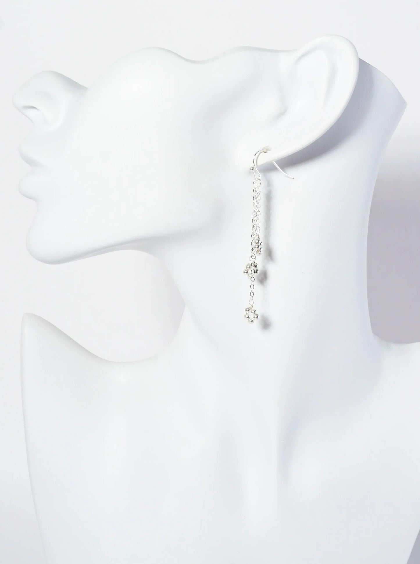 Botanical-Theme Three Flower-Shaped Metallic Beads Drop Chain Earrings