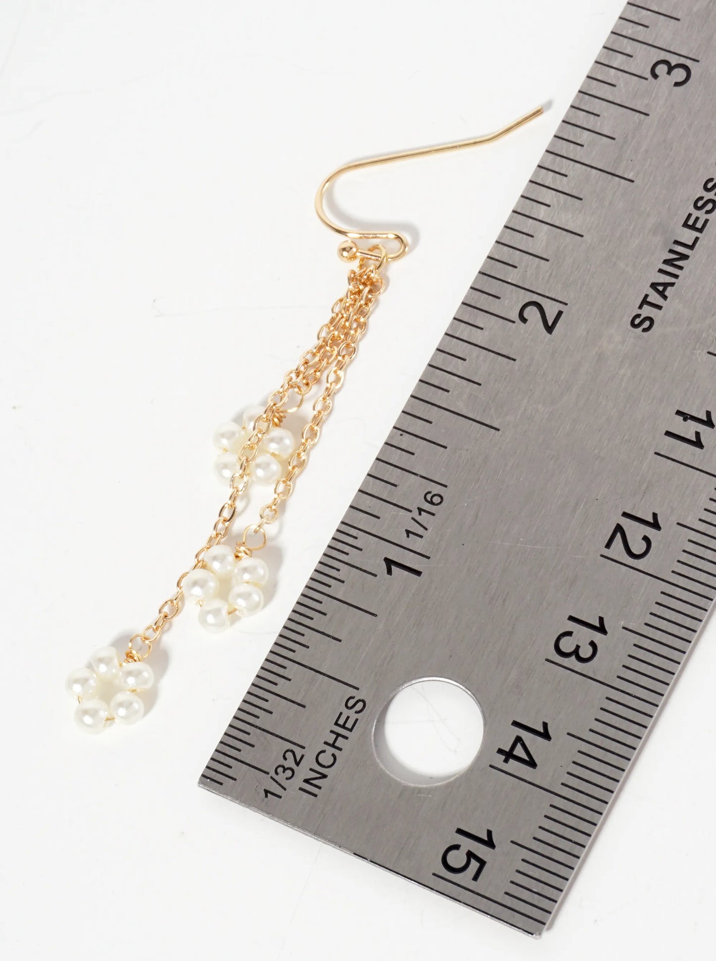 Botanical-Theme Three Flower-Shaped Pearls Drop Chain Earrings