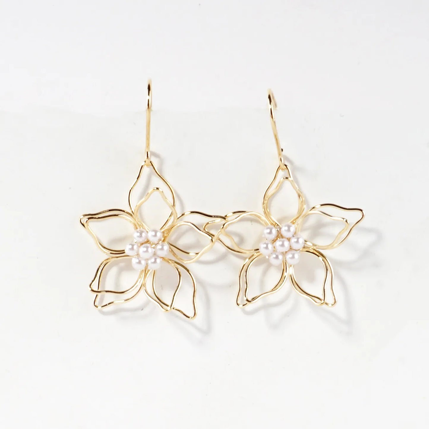 Brass Wire Flower With Pearls Drop Earrings