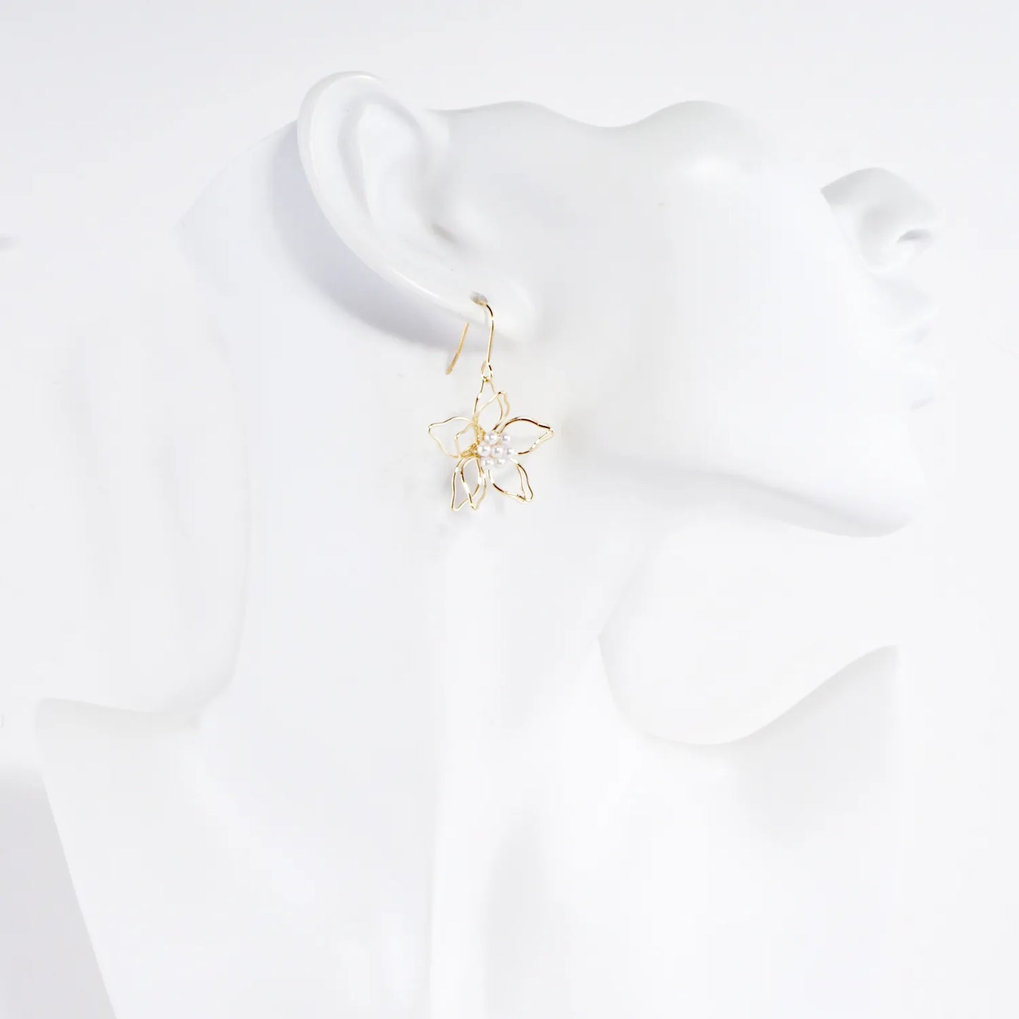 Brass Wire Flower With Pearls Drop Earrings