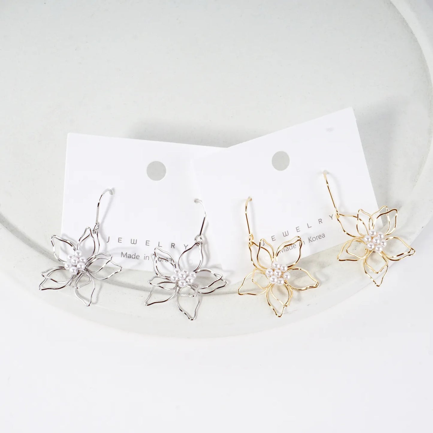 Brass Wire Flower With Pearls Drop Earrings