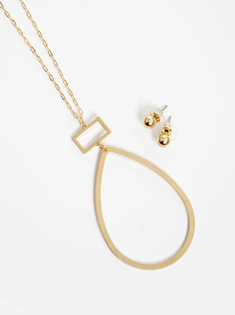 Brushed Metal Cut Out Teardrop Pendant Lightweight Long Necklace Set With Earrings