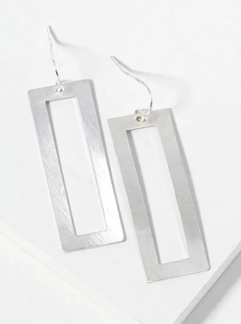 Brushed Metal Rectangle Fishhook Dangle Drop Earrings