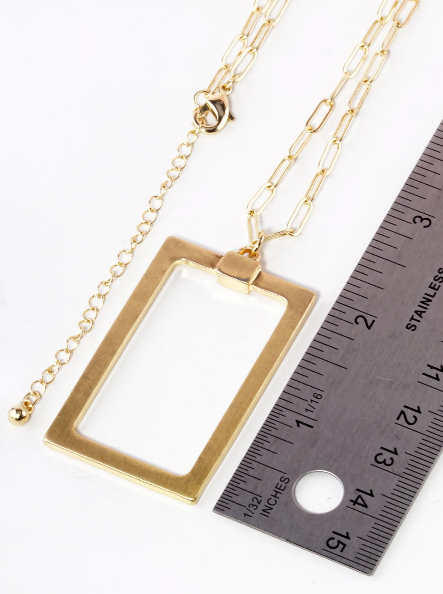 Brushed Satin Metal Rectangle Pendant 32 Inch Long Necklace