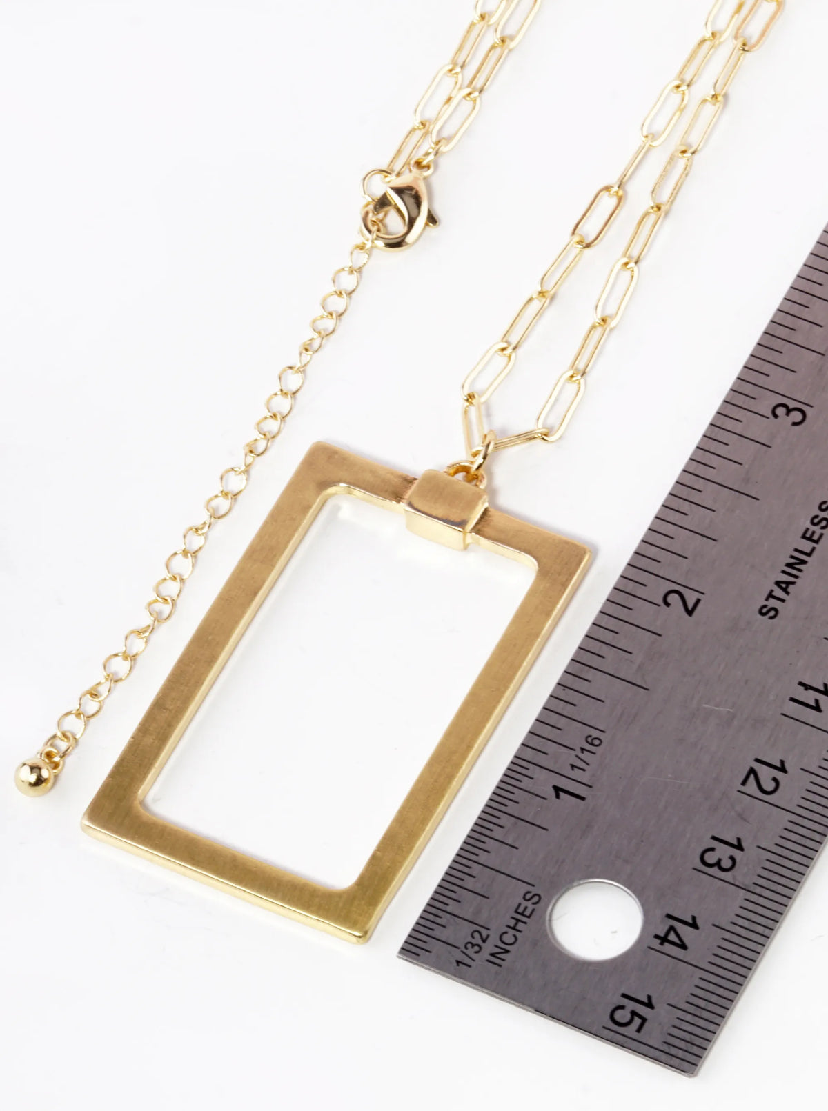 Brushed Satin Metal Rectangle Pendant 32 Inch Long Necklace