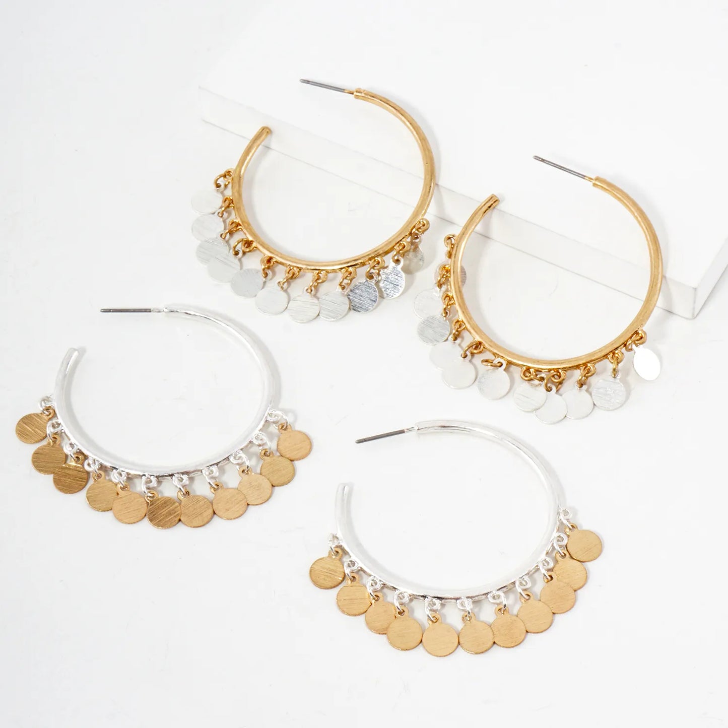 Brushed-Texture Disc Drop 40mm Open Hoop Earrings