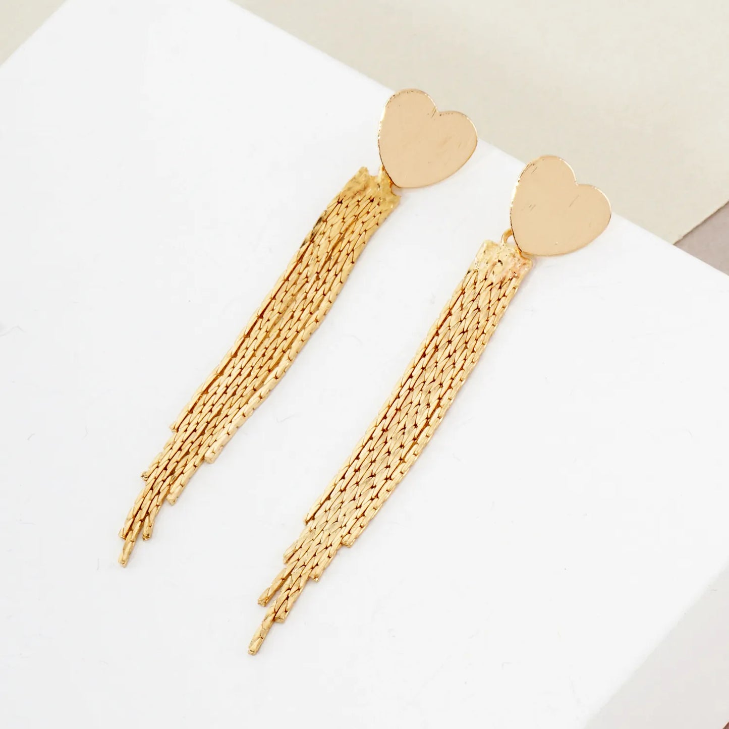 Brushed-Texture Heart Post Polished Chain Tassel Drop Earrings