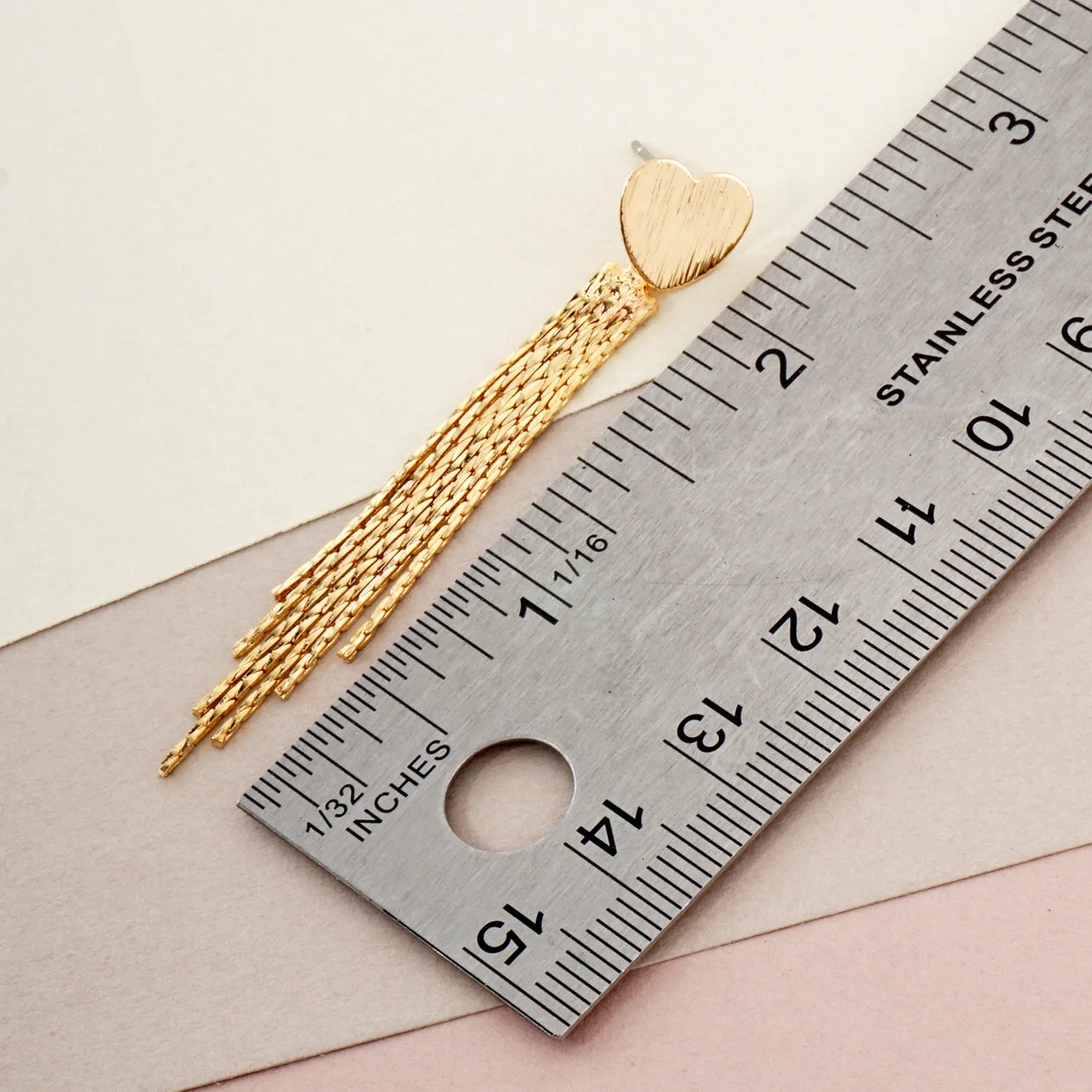 Brushed-Texture Heart Post Polished Chain Tassel Drop Earrings