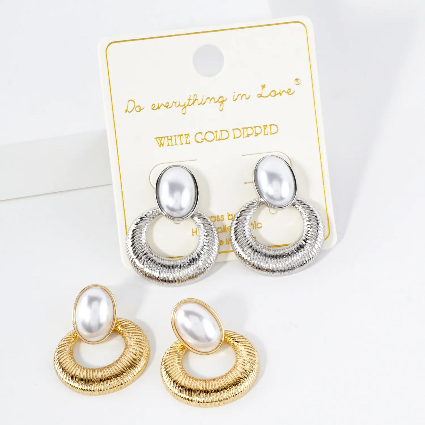 Brushed-Texture Oval Pearl Post 14K-Gold-Dipped Doorknocker Earrings