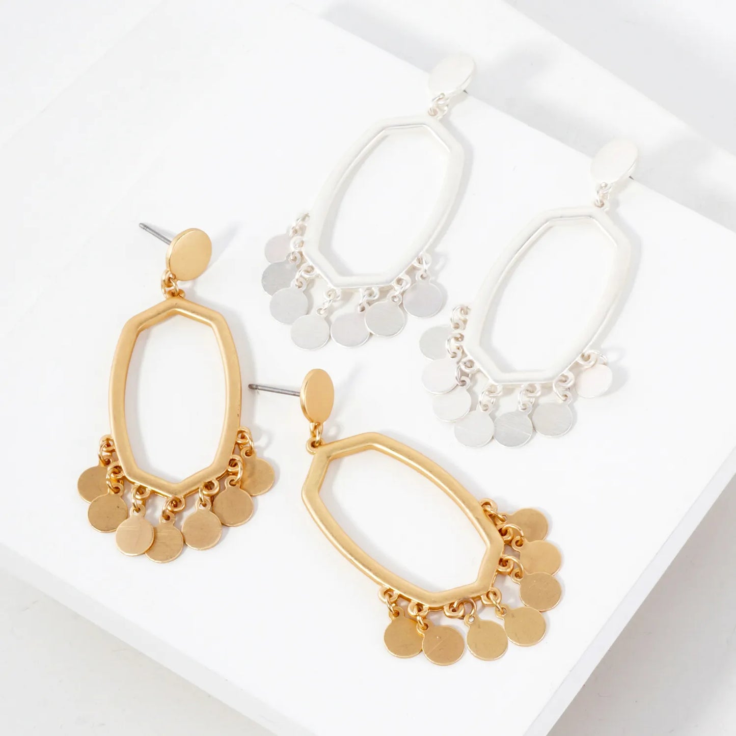 Brushed-Textured Charms Drop Elongated Hexagon Earrings