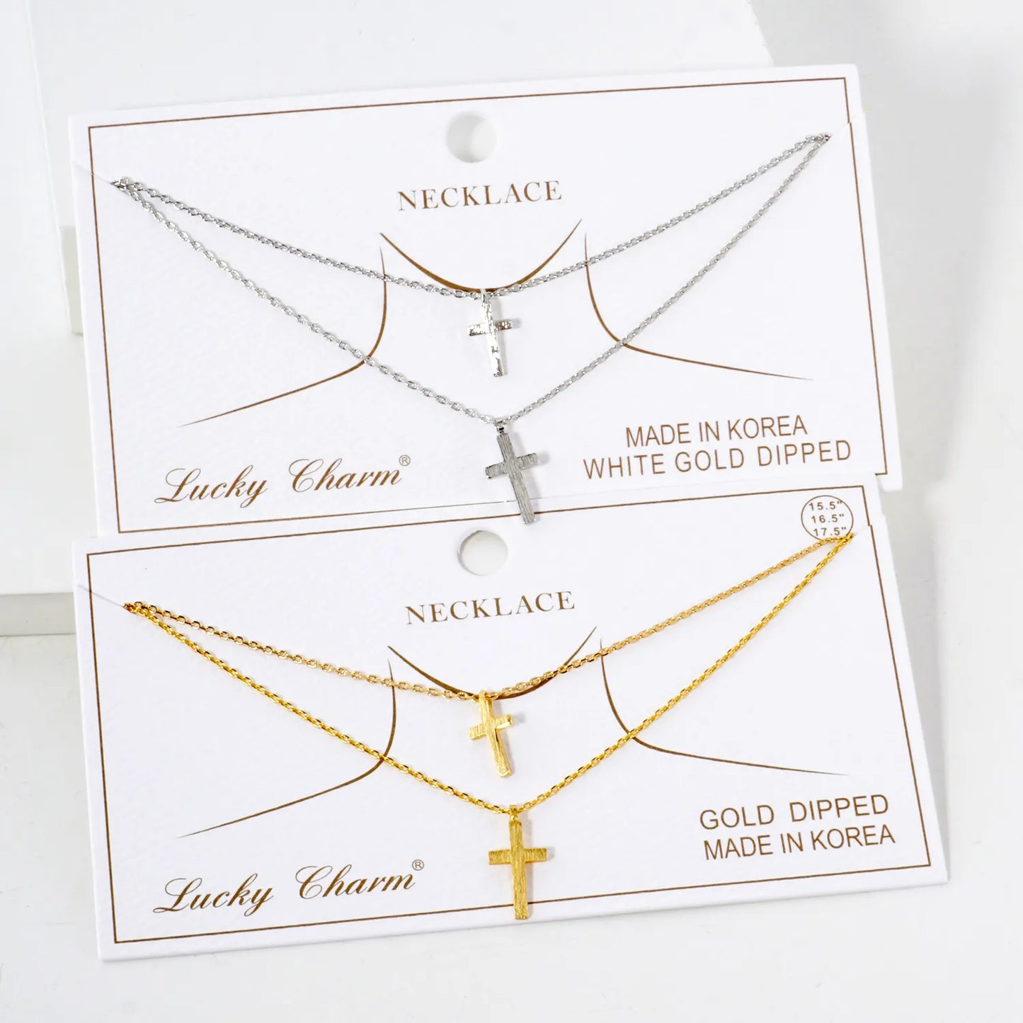 Brushed-Textured Double Cross Pendant 18K-Gold-Dipped Layered Necklace