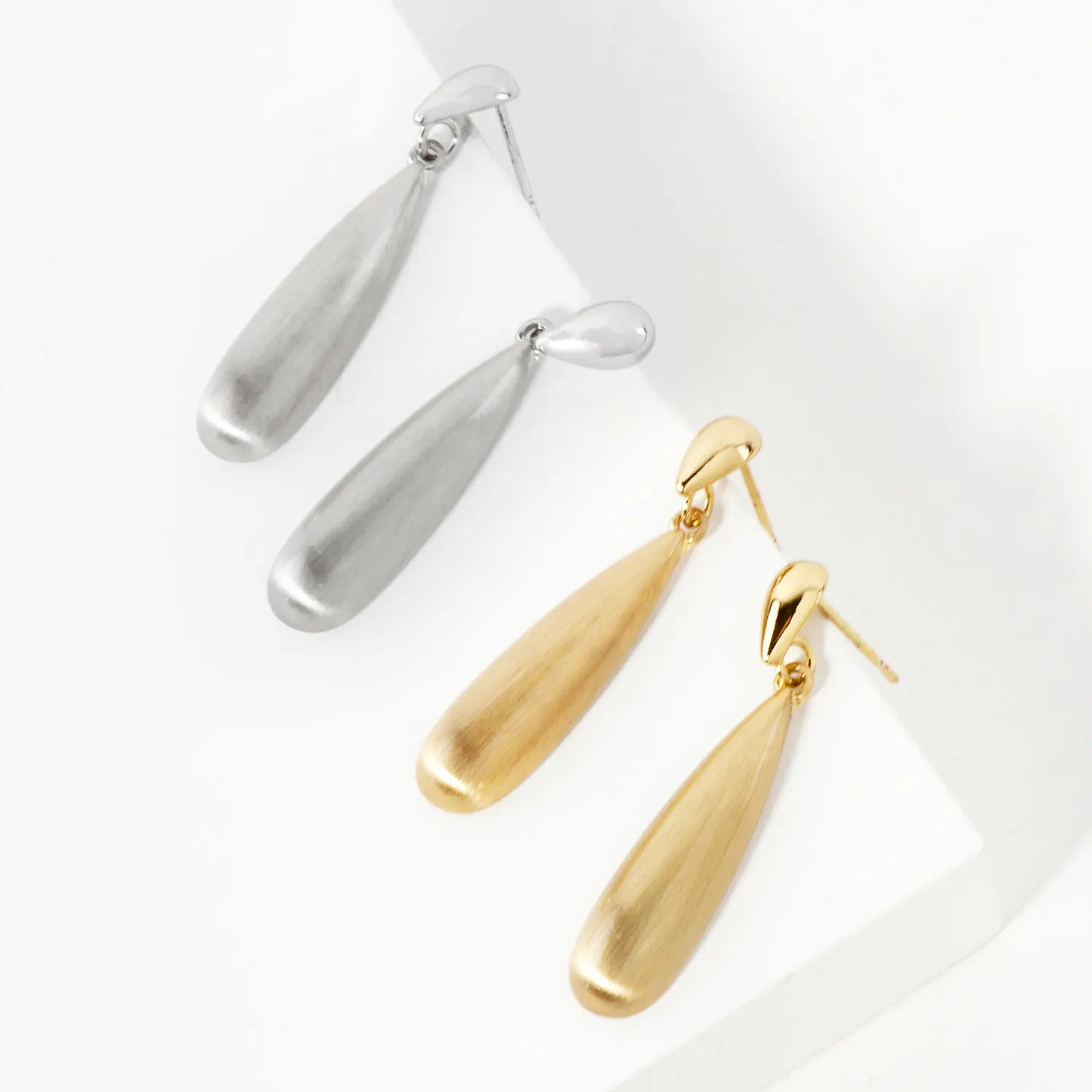 Brushed-Textured Double Teardrop 14K-Gold-Dipped Brass Dangle Earrings