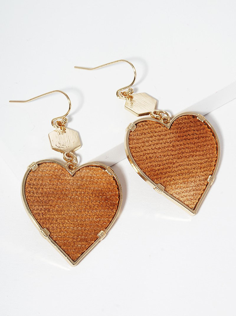 Brushed Hexagon Leatherette Heart Dangle Drop Earrings