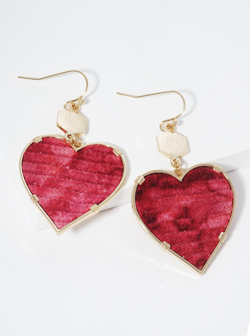 Brushed Hexagon Leatherette Heart Dangle Drop Earrings