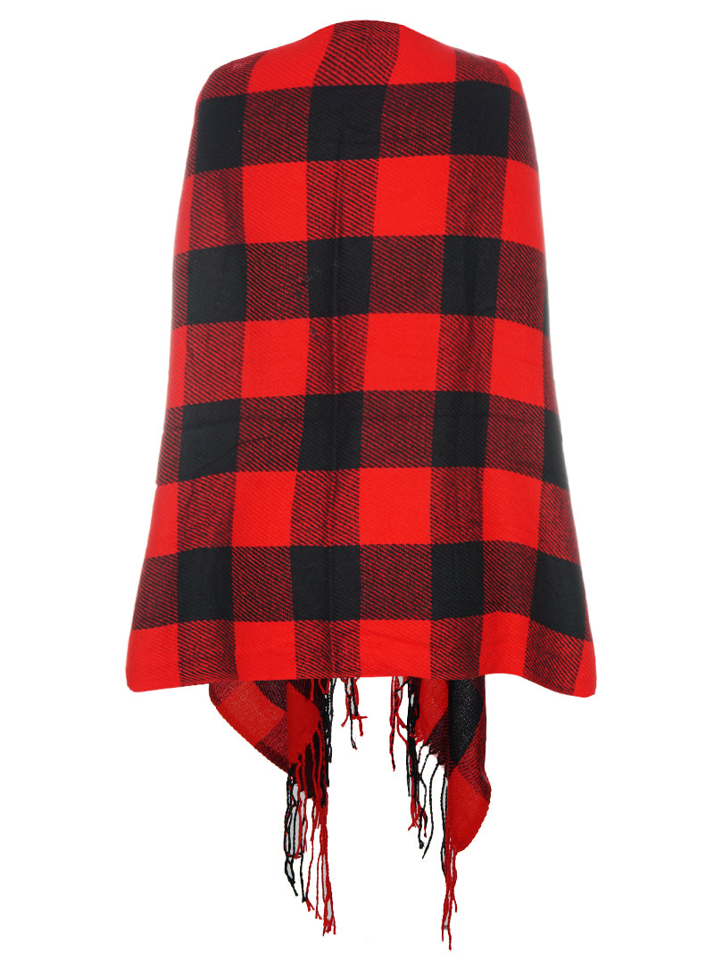 Buffalo Check Wrap Cape Button Closure Poncho Shawl