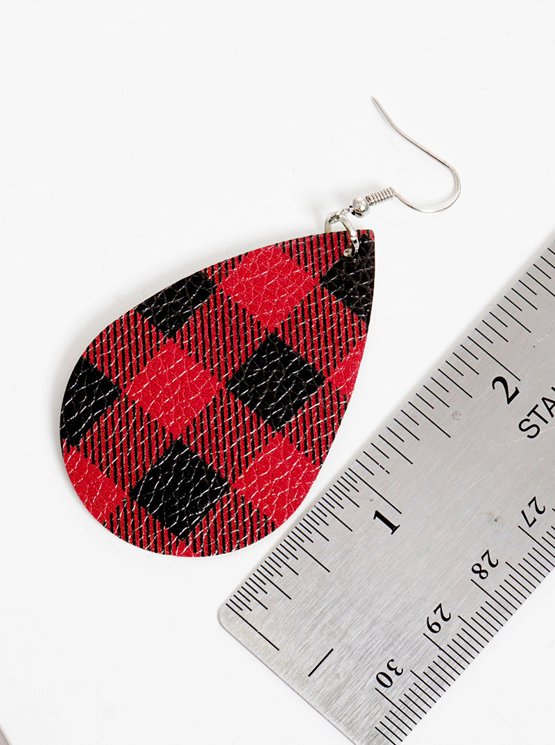 Buffalo Check Plaid Leatherette Teardrop Dangle Drop Earrings