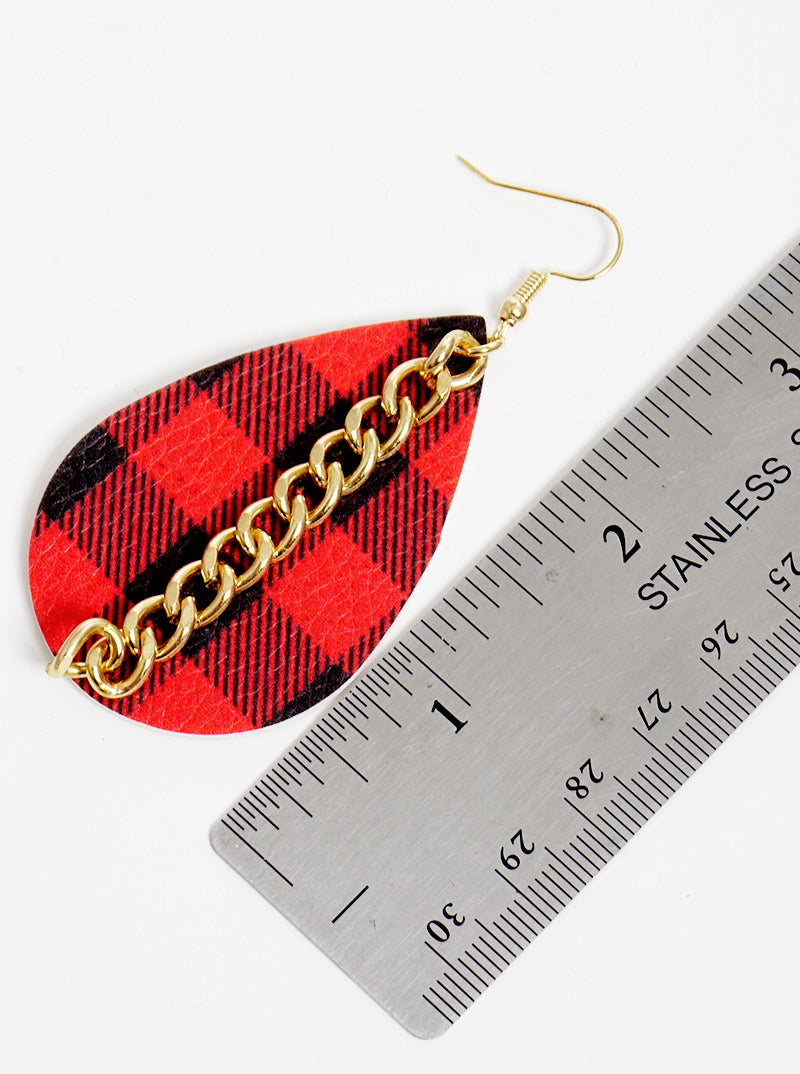 Buffalo Check Teardrop With Chain Leatherette Dangle Drop Earrings
