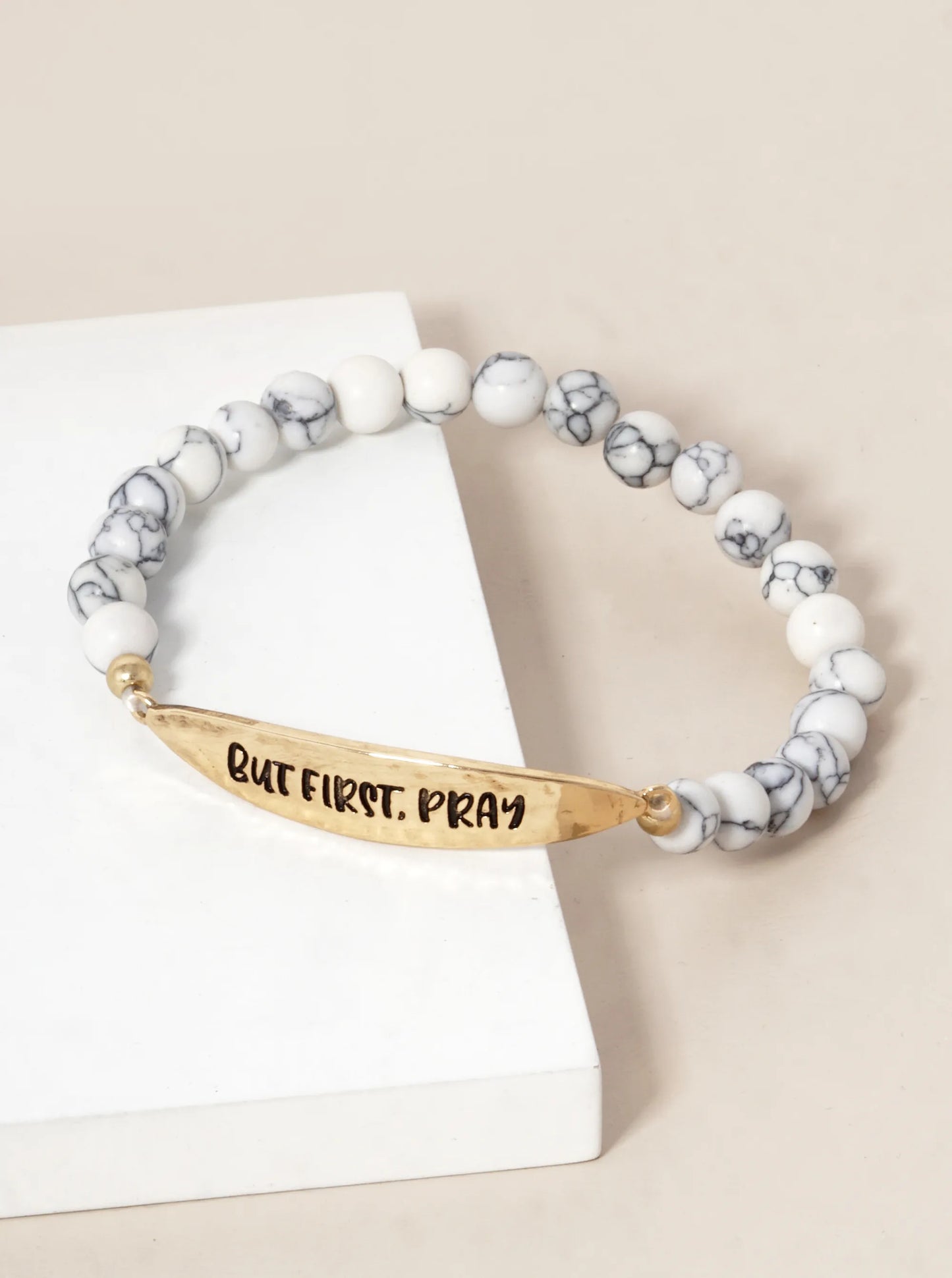 But First Pray Engraved 6mm Semi-Precious Stone Stretch Bracelet