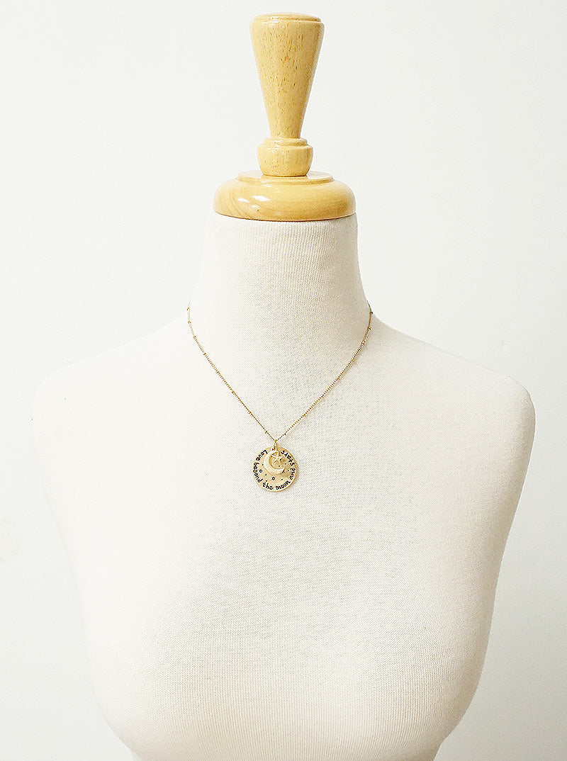 CELESTIAL STARS LOVE BEYOND THE MOON AND STARS ENGRAVED ROUND PENDANT NECKLACE