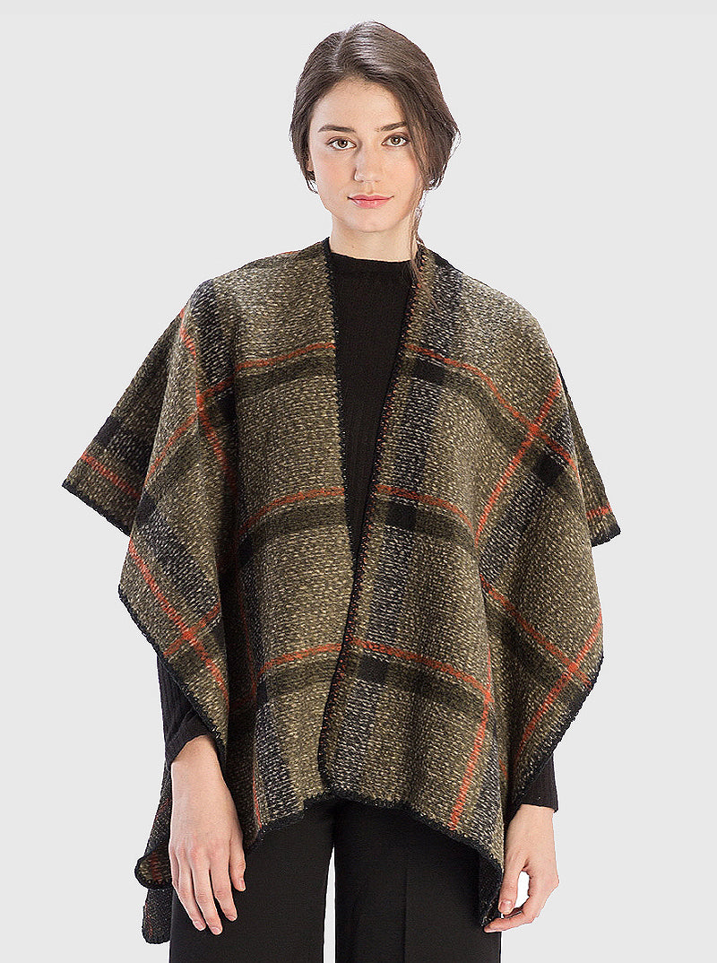 CHECK PLAID WOOL CAPE SHAWL