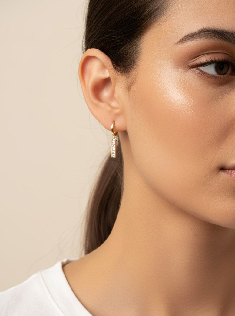 CZ Bar Dangle Huggie Earrings