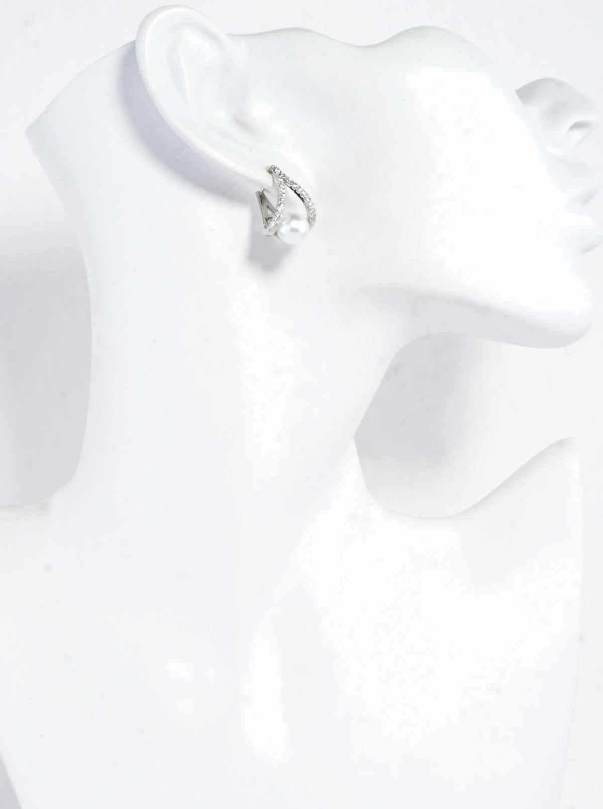 CZ Pave Elegant Curves And Pearl Huggie Earrings