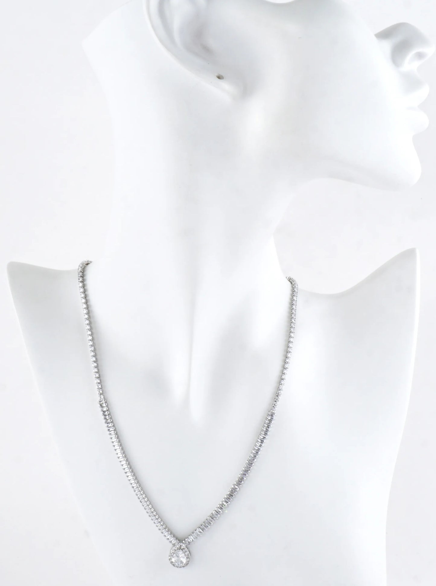 CZ Pear-Cut Halo Baguette Tennis Necklace