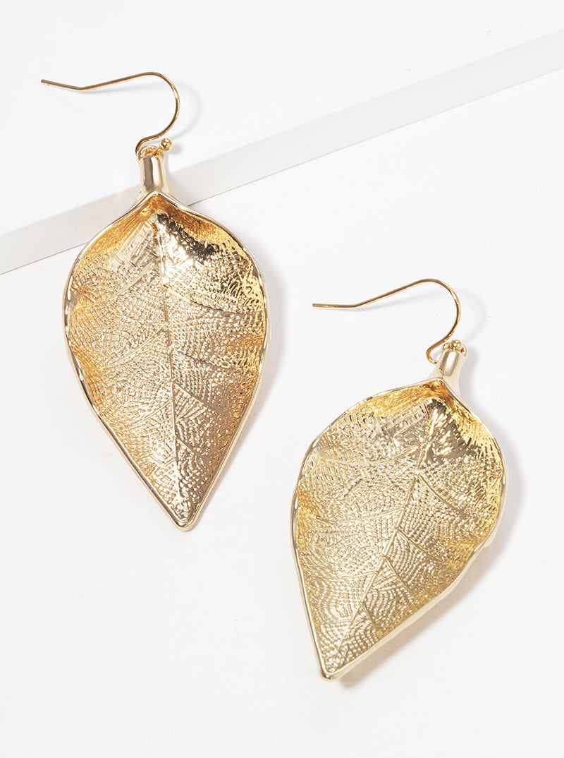 Casting Textured Metal Leaves Dangle Drop Earrings