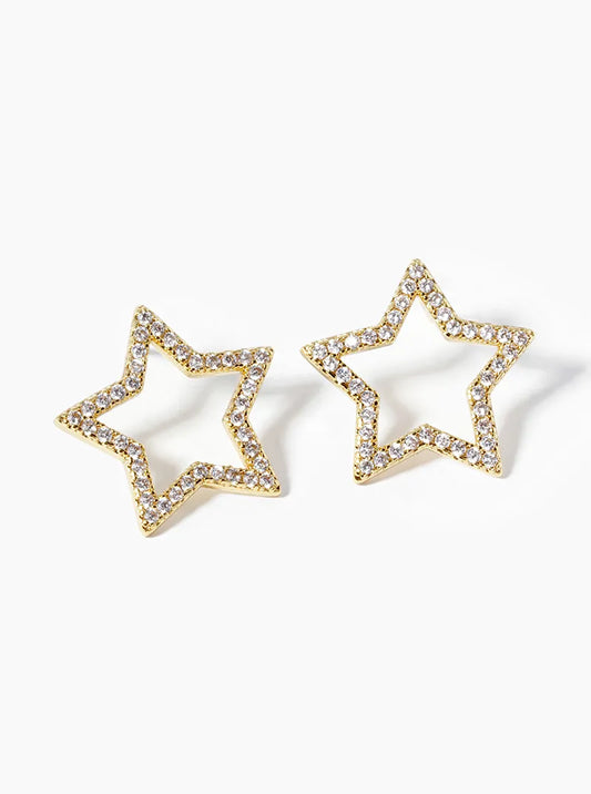 Celestial-Theme 18K-Gold-Dipped Pave-Set Cubic-Zirconia Cutout Star Stud Earrings