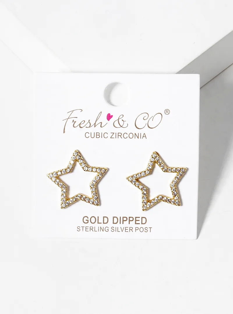 Celestial-Theme 18K-Gold-Dipped Pave-Set Cubic-Zirconia Cutout Star Stud Earrings