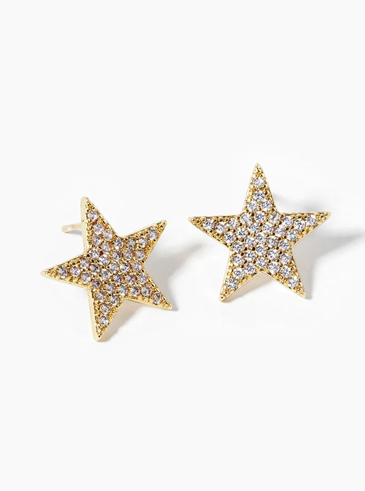 Celestial-Theme 18K-Gold-Dipped Pave-Set Cubic-Zirconia Star Stud Earrings