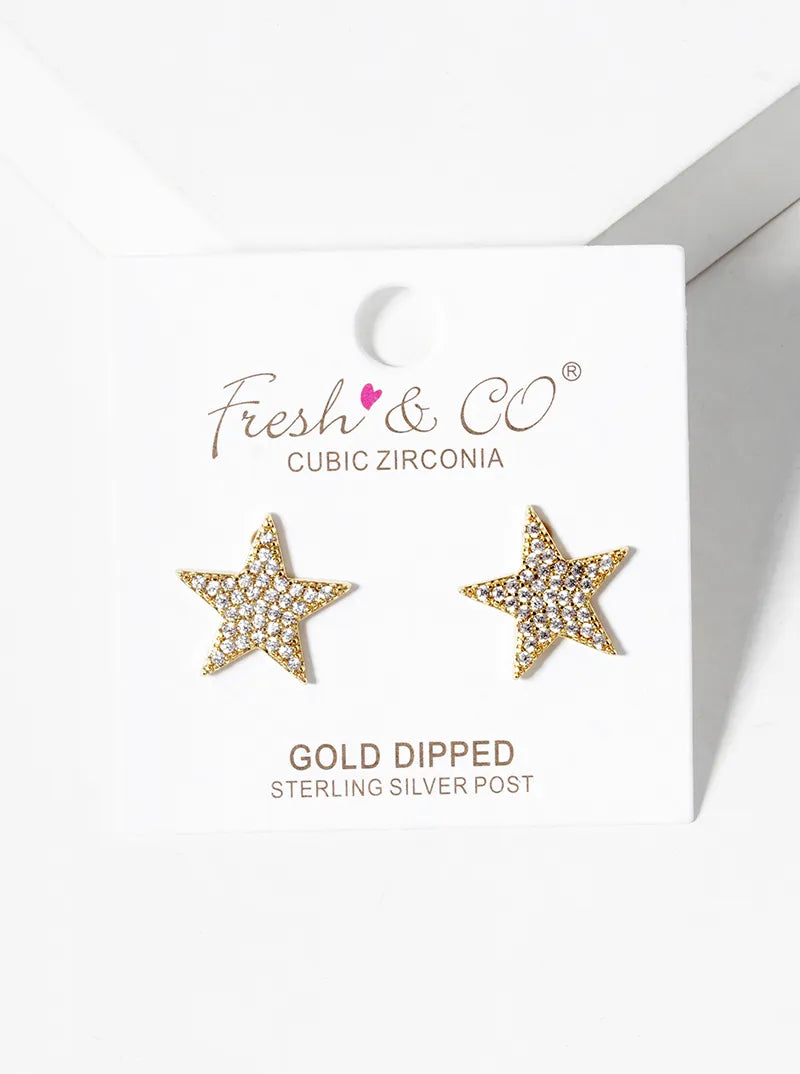 Celestial-Theme 18K-Gold-Dipped Pave-Set Cubic-Zirconia Star Stud Earrings