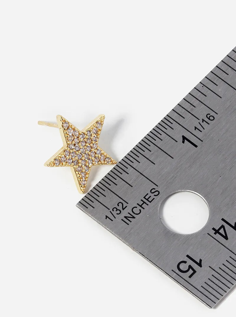 Celestial-Theme 18K-Gold-Dipped Pave-Set Cubic-Zirconia Star Stud Earrings