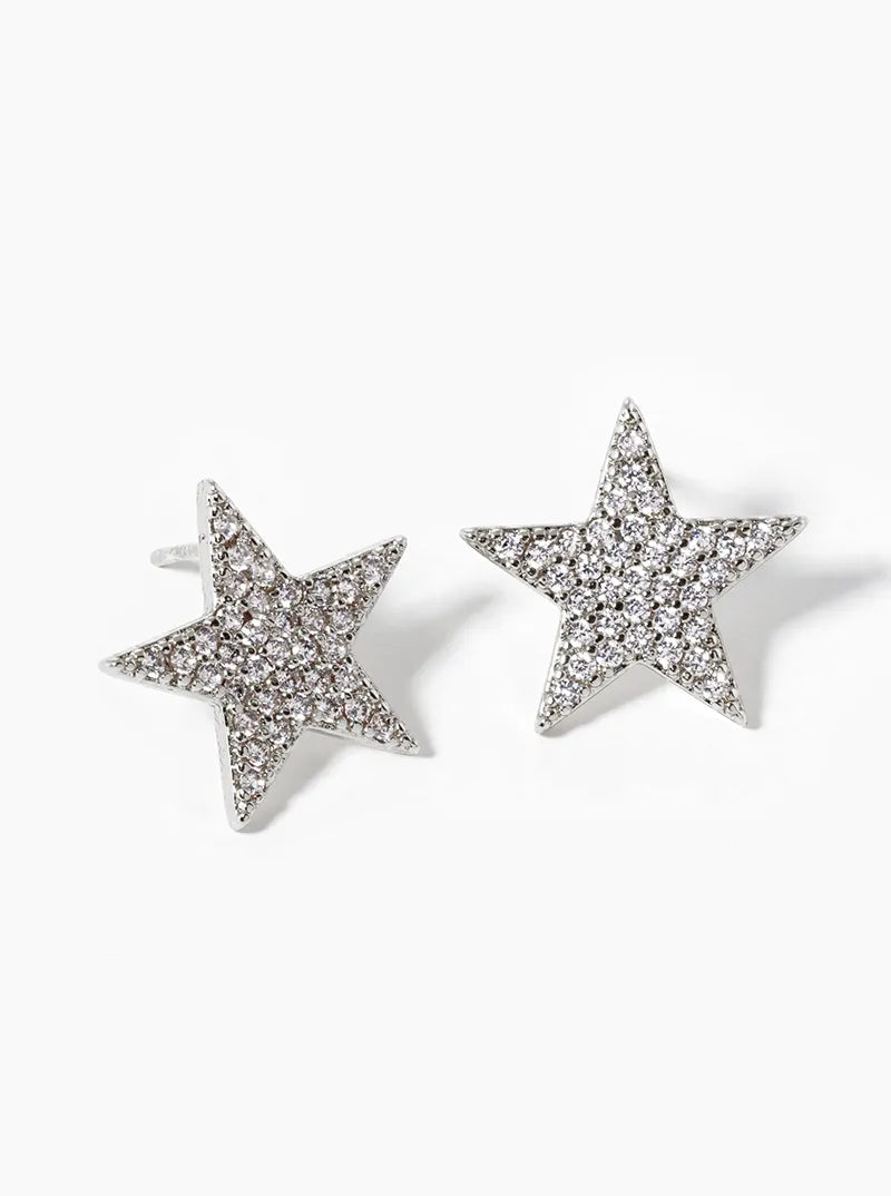 Celestial-Theme 18K-Gold-Dipped Pave-Set Cubic-Zirconia Star Stud Earrings
